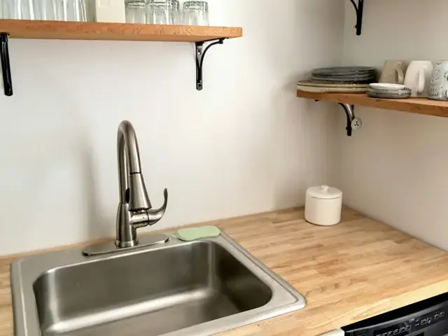 Stainless steel kitchen sink with a faucet