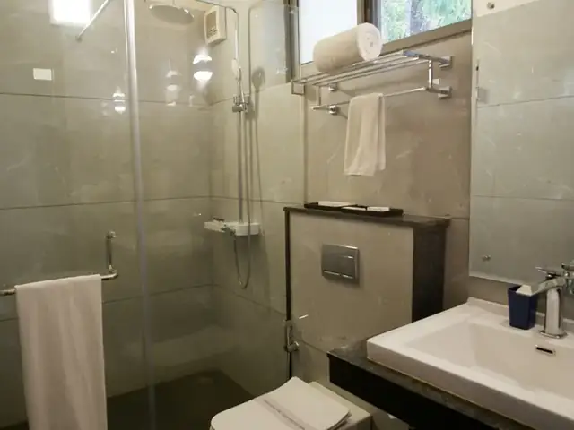 Glass shower enclosure with wall-mounted fixtures
