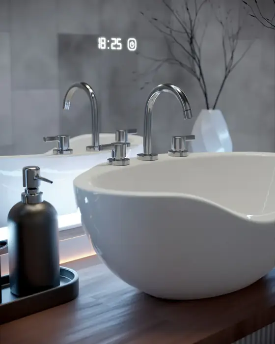 White vessel basin with chrome faucets on a wooden counter